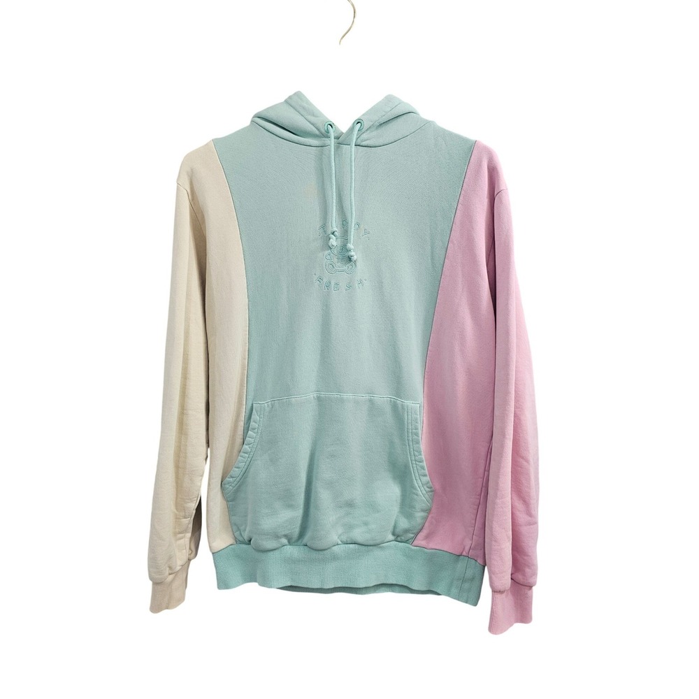 Teddy Fresh Pastel Colorblock Hoodie Mint Pink Cream Embroidered Bear Small‎
